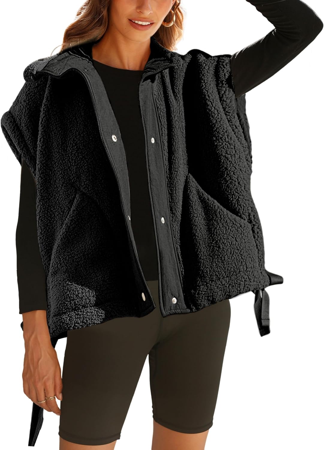 OPCAKM Women's Oversized Fuzzy Fleece Sherpa Vest Button Down Sleeveless Jacket with Pockets
