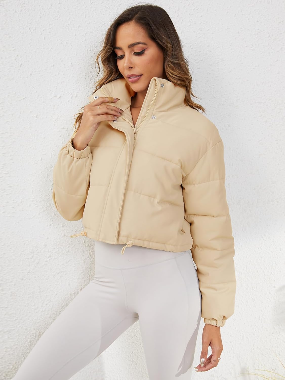 Women's Cropped Quilted Puffer Jacket Long Sleeve Stand Collar Zip-Up Puffy Coat with Drawstring & Pockets