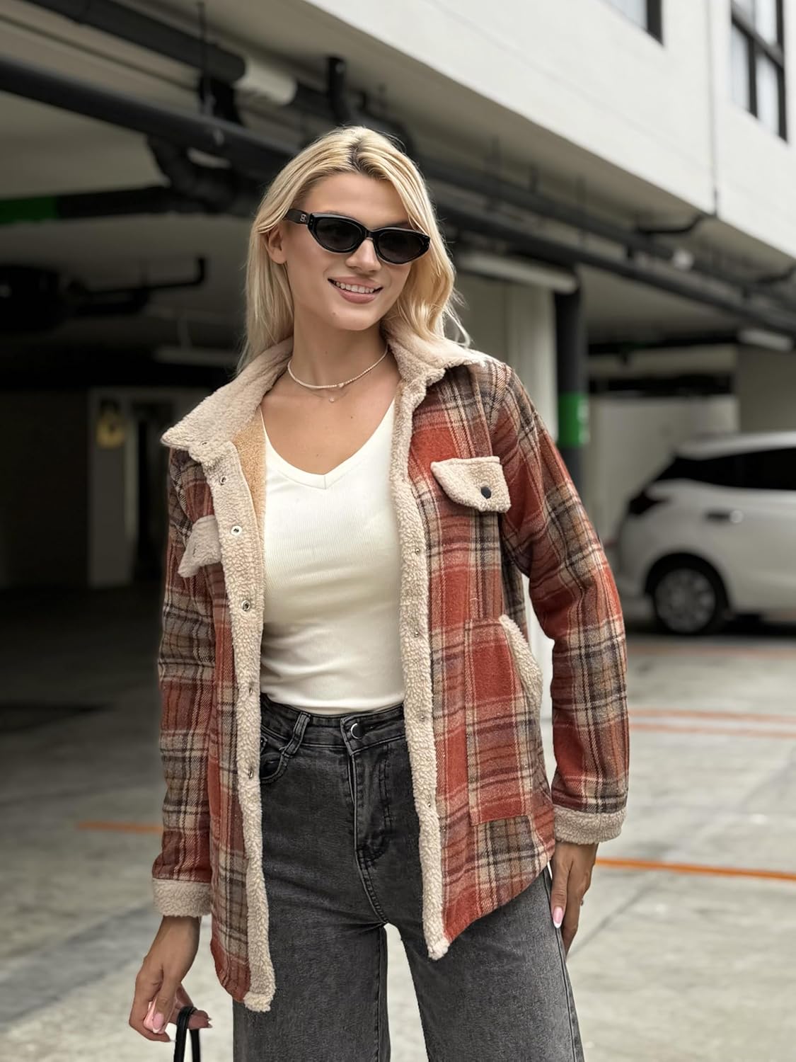 Zeagoo Women's Plaid Flannel Sherpa Lined Shacket Fleece Button Down Cozy Warm Fall Winter Jacket Coat S-XXL