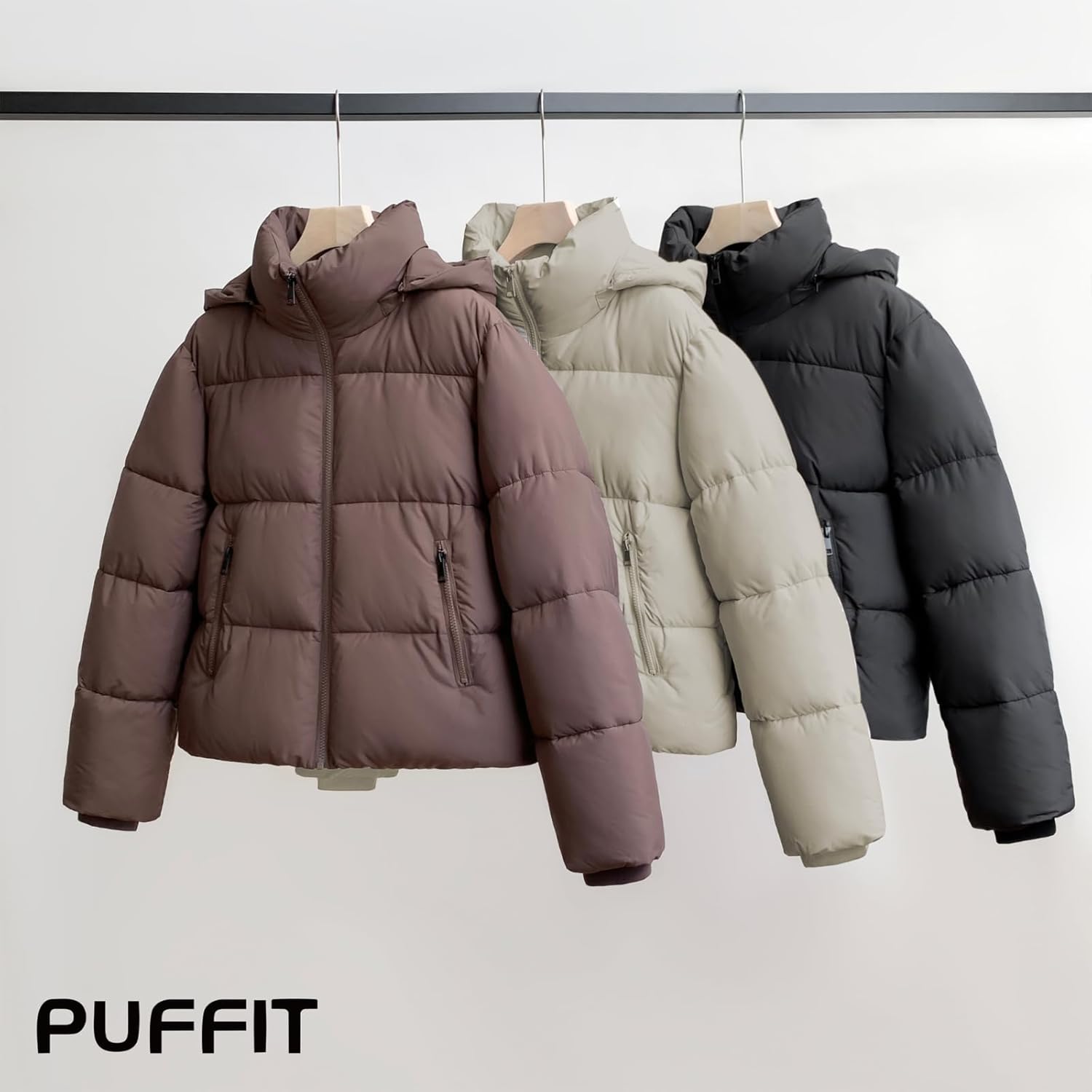Women's Cropped Quilted Puffer Jacket with Removable Hood and Zippered Pockets Short Winter Coat
