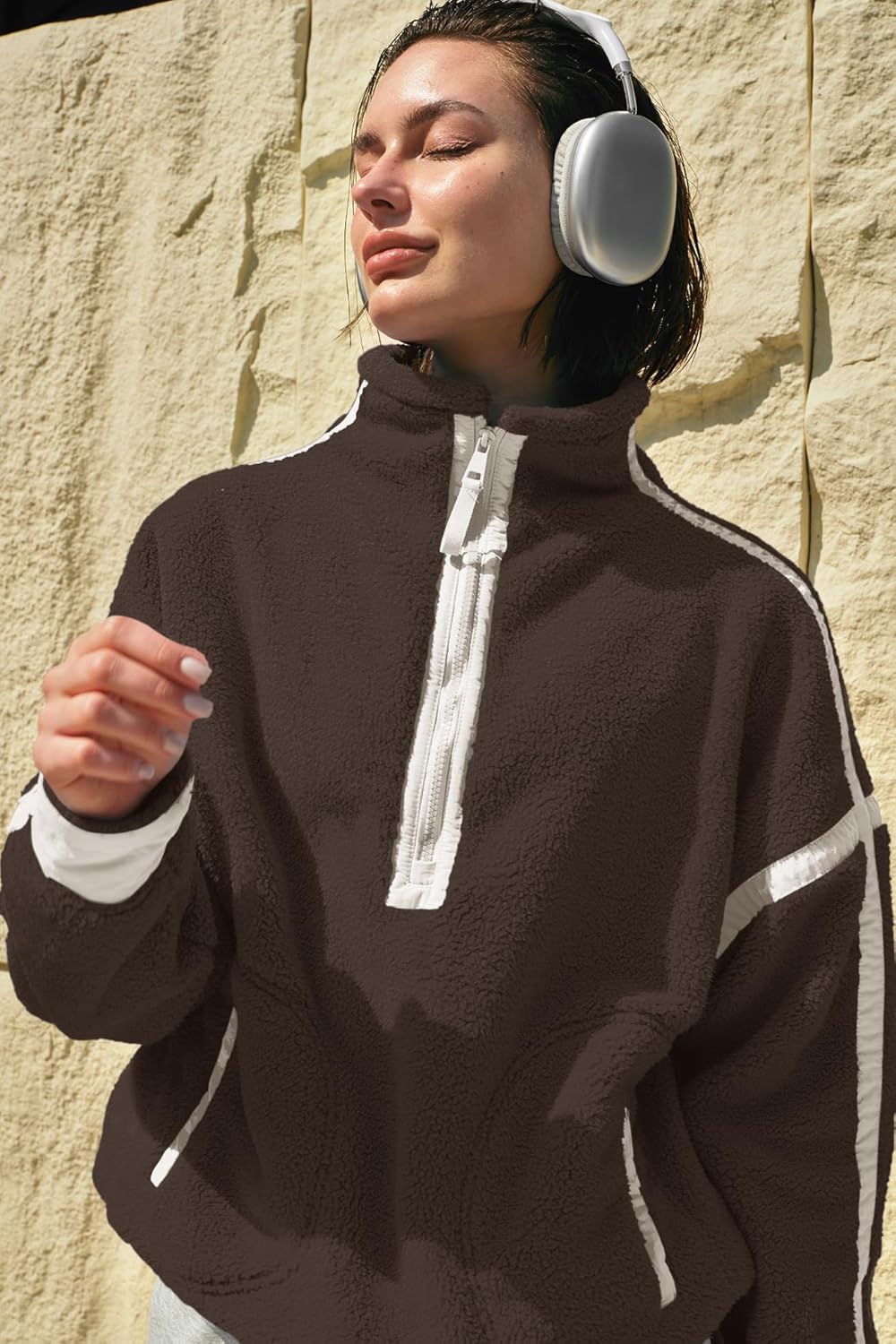 Panadila Women's Oversized Half Zip Sherpa Fleece Pullover Soft Fuzzy Sweatshirt with Pockets