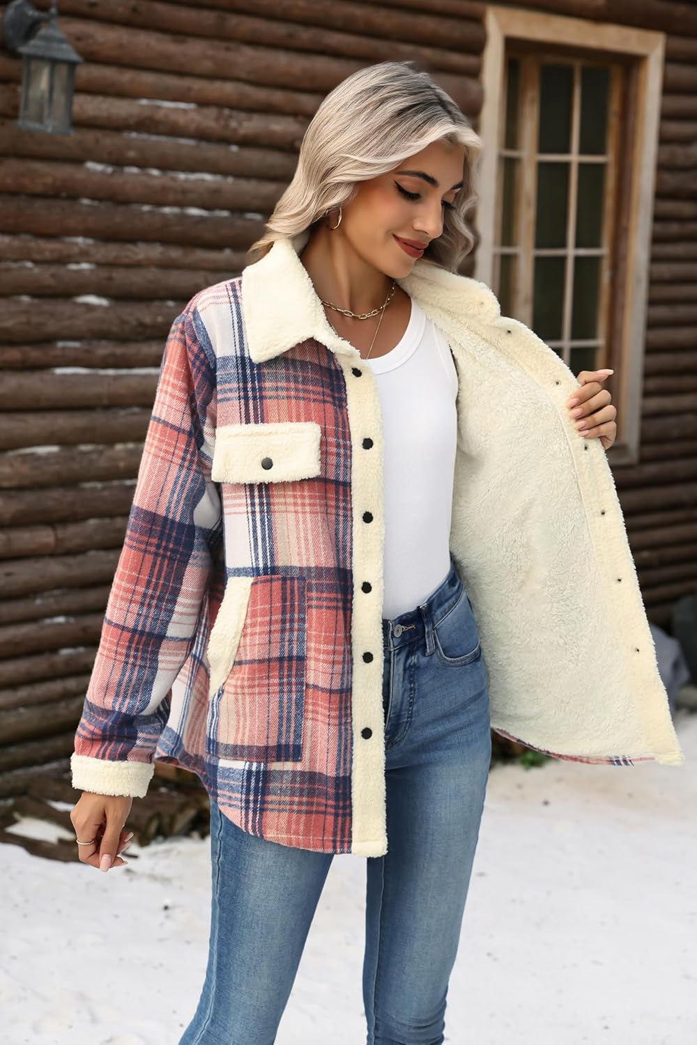 Zeagoo Women's Plaid Flannel Sherpa Lined Shacket Fleece Button Down Cozy Warm Fall Winter Jacket Coat S-XXL
