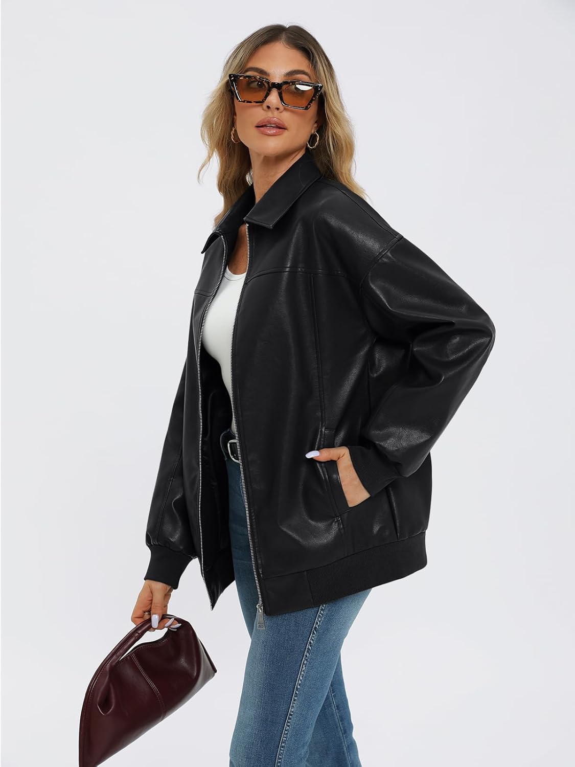 AUTOMET Women's Oversized Faux Leather Zip-Up Motorcycle Bomber Jacket Fall 2025 Trendy Winter Outfit