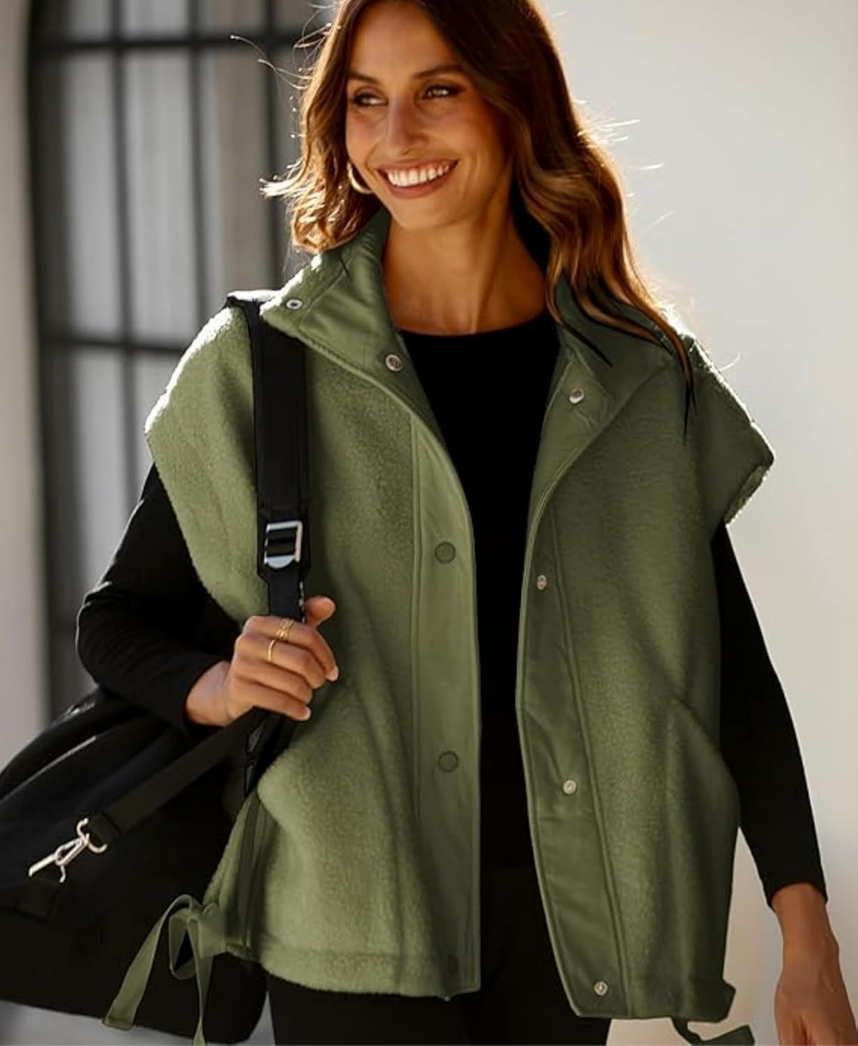 OPCAKM Women's Oversized Fuzzy Fleece Sherpa Vest Button Down Sleeveless Jacket with Pockets