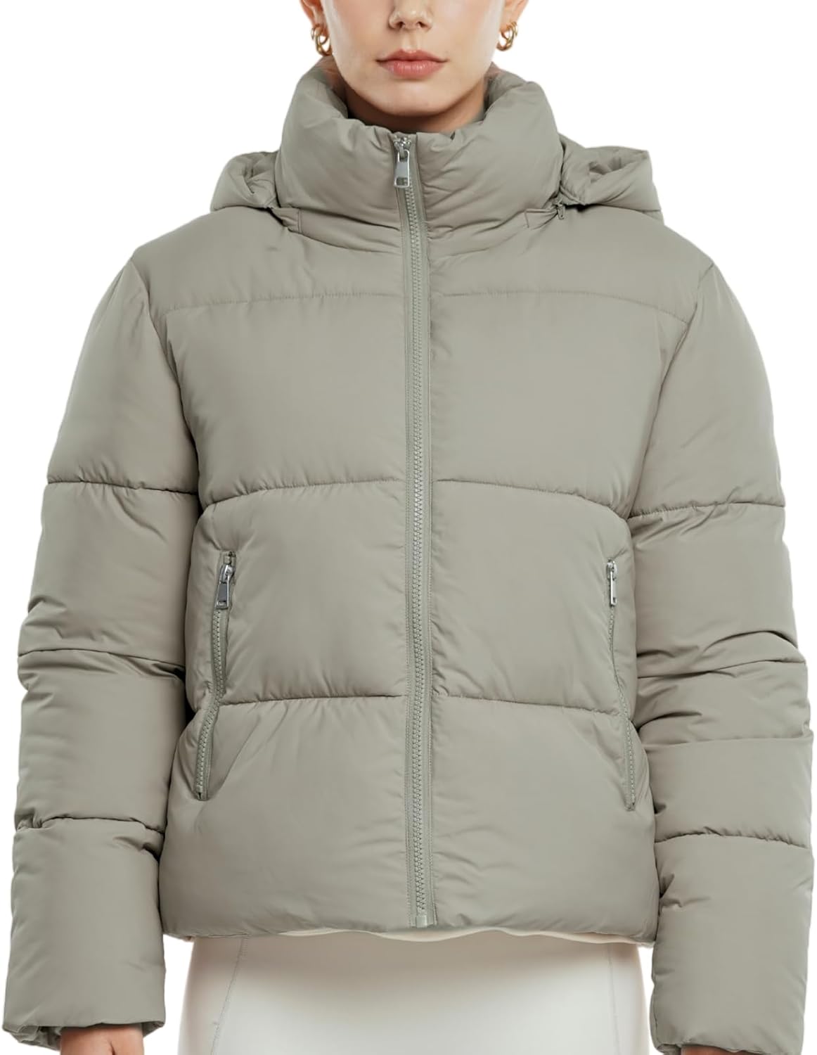Women's Cropped Quilted Puffer Jacket with Removable Hood and Zippered Pockets Short Winter Coat