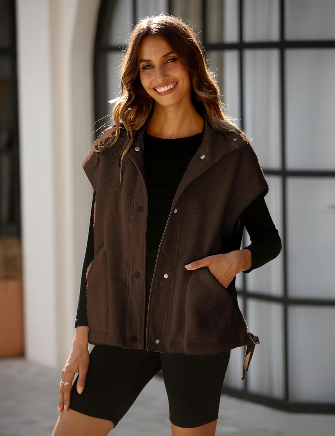 OPCAKM Women's Oversized Fuzzy Fleece Sherpa Vest Button Down Sleeveless Jacket with Pockets