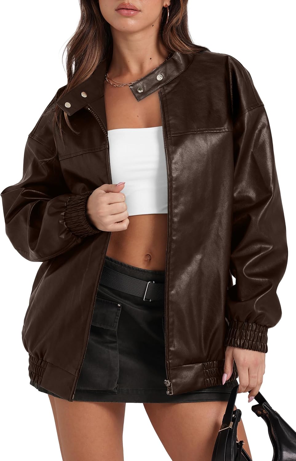 Sampeel Women's Faux Leather Oversized Motorcycle Jacket 2025 Fall Fashion Bomber Coat Winter Outfit