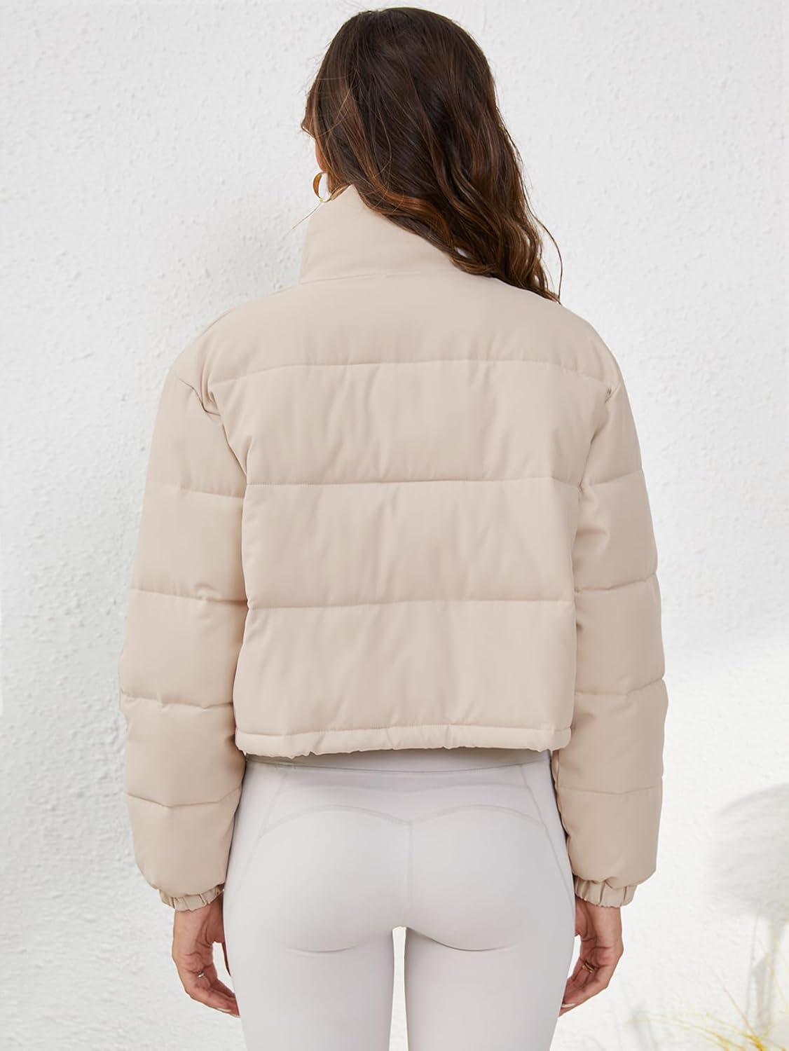 Women's Cropped Quilted Puffer Jacket Long Sleeve Stand Collar Zip-Up Puffy Coat with Drawstring & Pockets