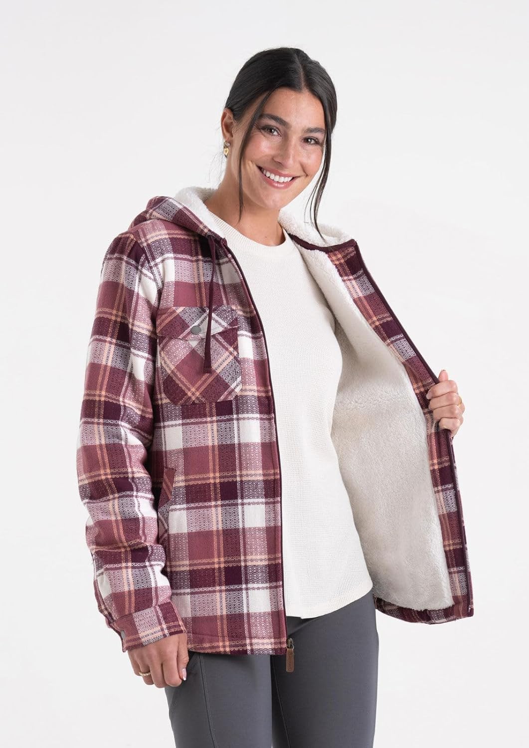 Legendary Whitetails Women's Berber-Lined Hooded Shacket Button Down Shirt Jacket with Drawstring Hood