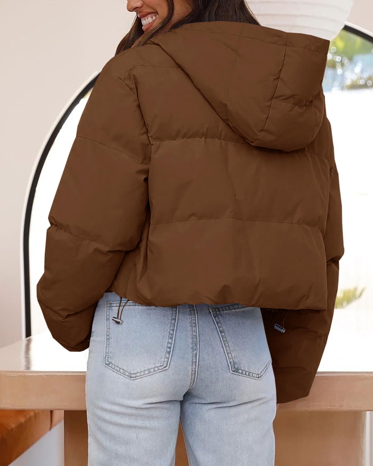 Tankaneo Women's Cropped Baggy Puffer Jacket Casual Winter Hoodie Short Coat with Pockets