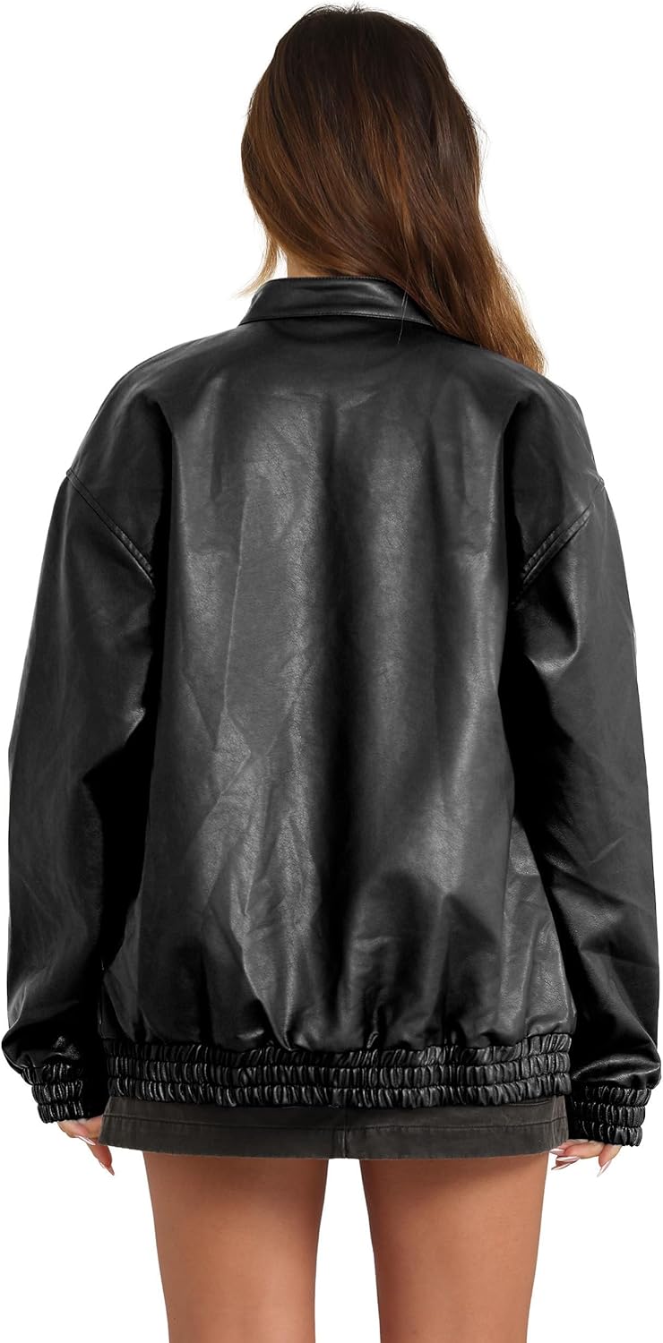 Sampeel Women's Faux Leather Oversized Motorcycle Jacket 2025 Fall Fashion Bomber Coat Winter Outfit