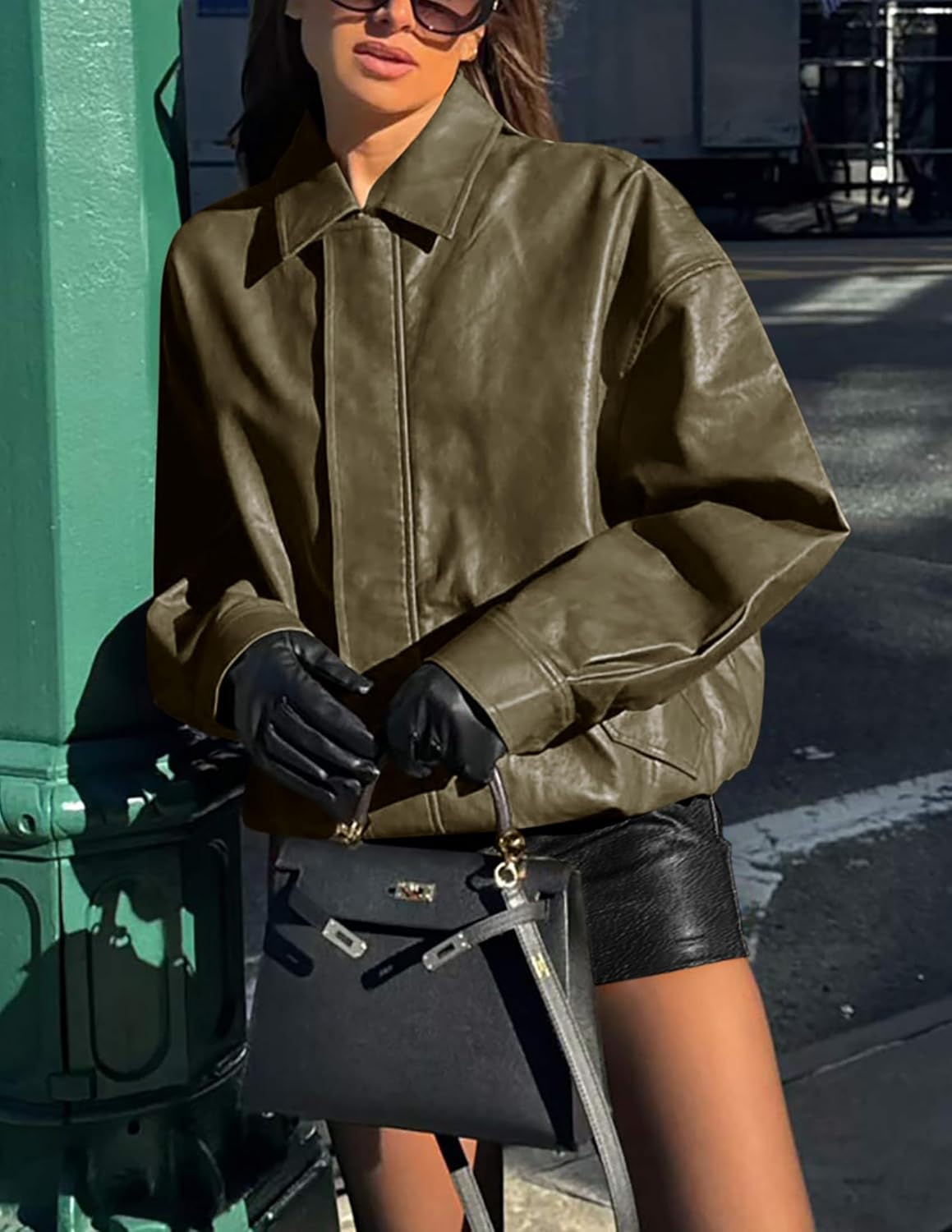 PRETTYGARDEN Women's Oversized Faux Leather Motorcycle Jacket Zip-Up Fall Spring Winter Coat Outerwear