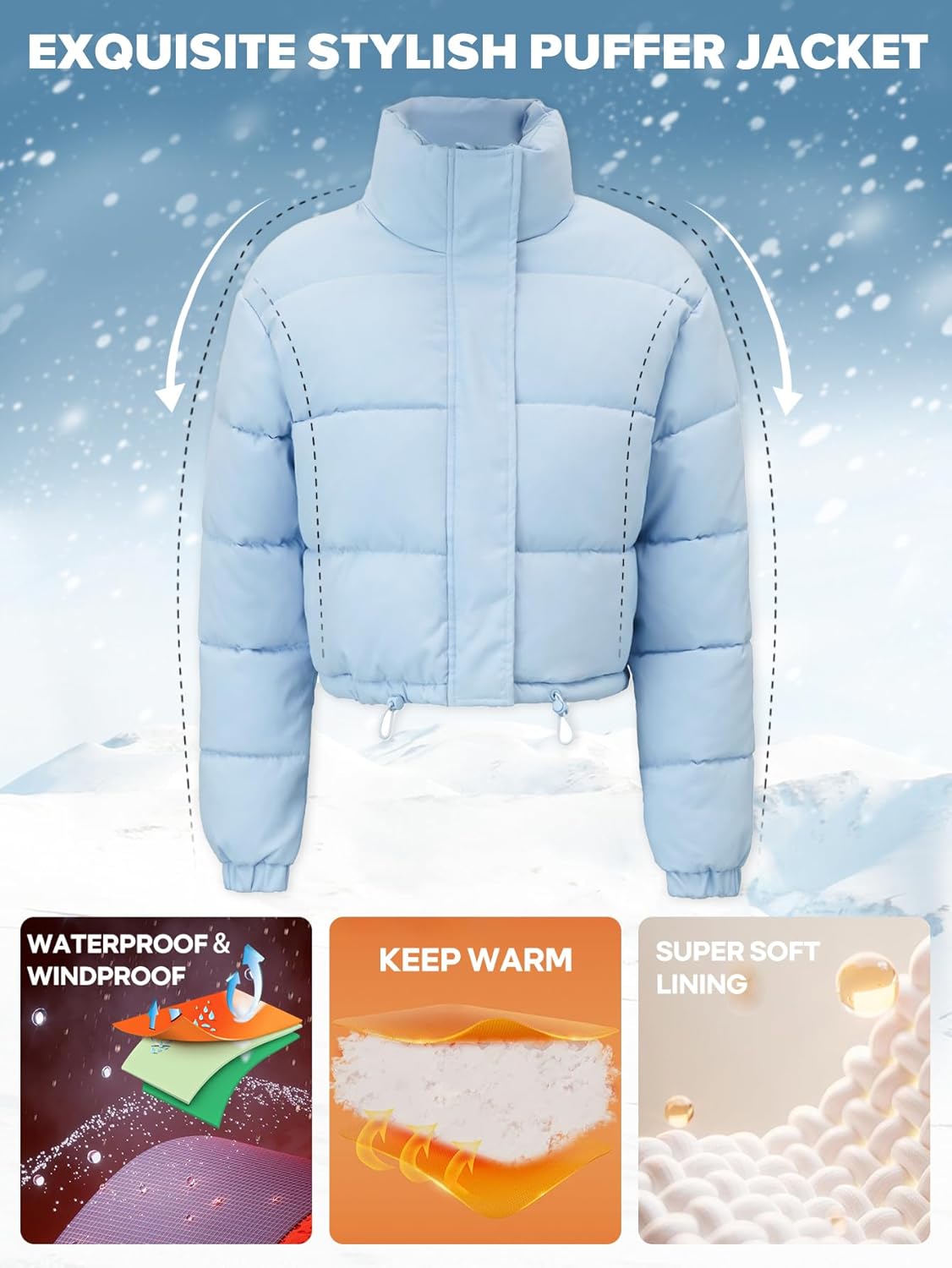 Women's Cropped Quilted Puffer Jacket Long Sleeve Stand Collar Zip-Up Puffy Coat with Drawstring & Pockets