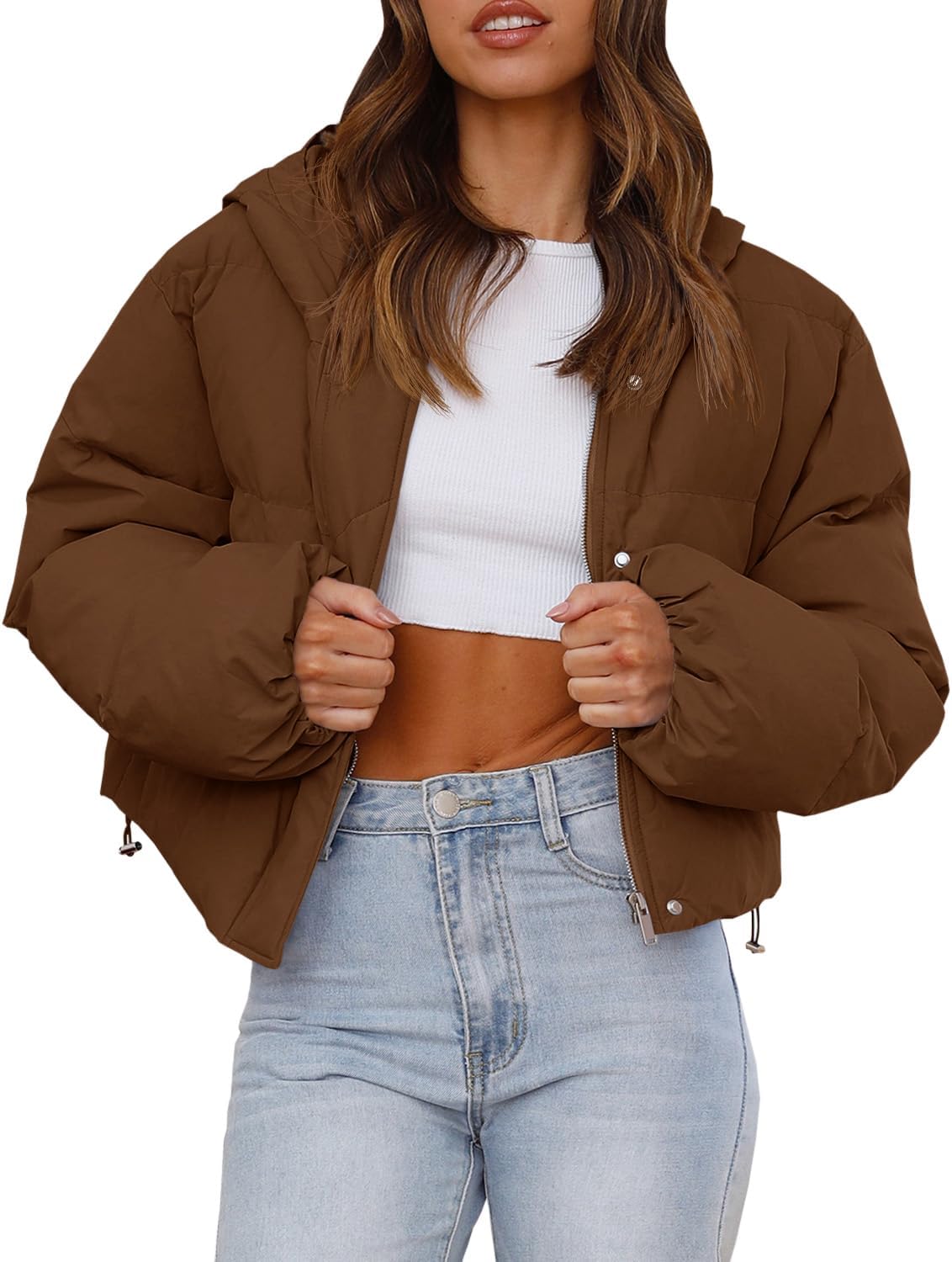 Tankaneo Women's Cropped Baggy Puffer Jacket Casual Winter Hoodie Short Coat with Pockets