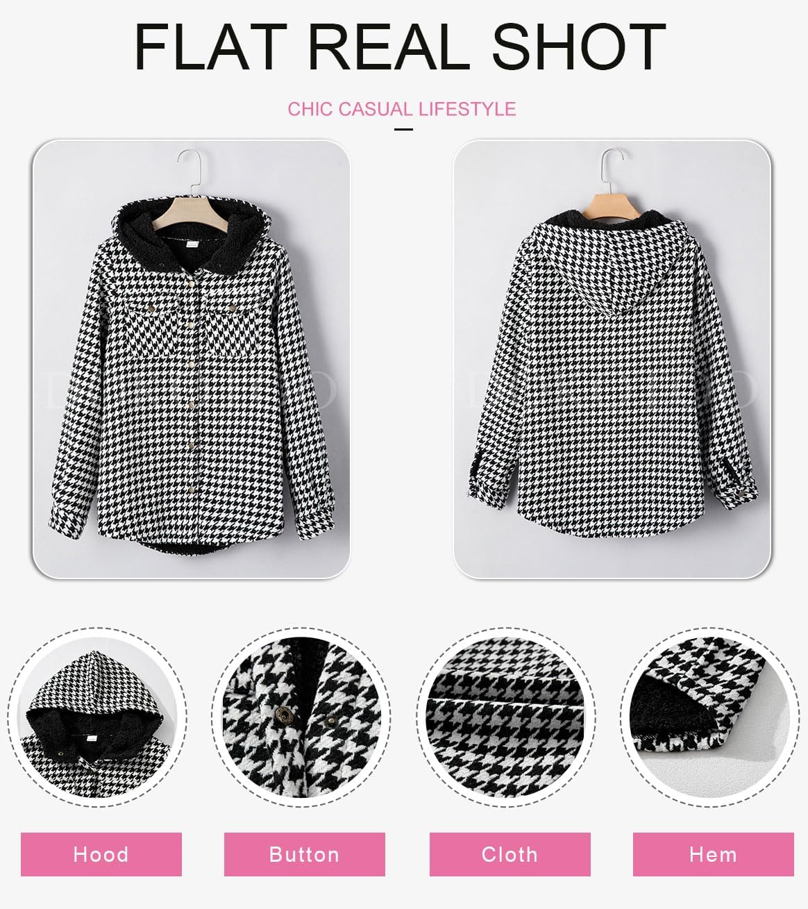 Dokotoo Women's Plaid Fleece Hooded Shacket Long Sleeve Button Down Warm Jacket Coat