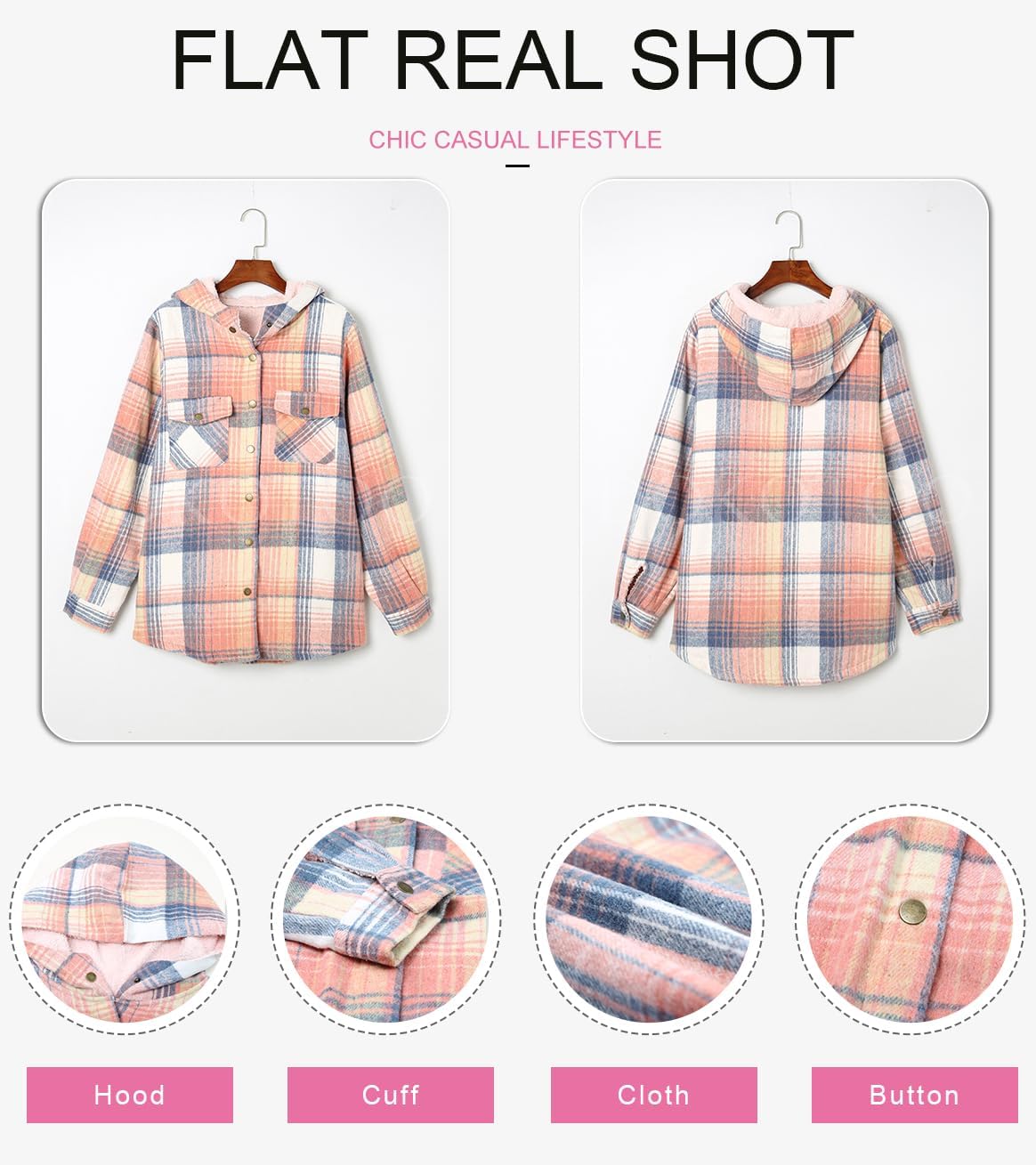 Dokotoo Women's Plaid Fleece Hooded Shacket Long Sleeve Button Down Warm Jacket Coat