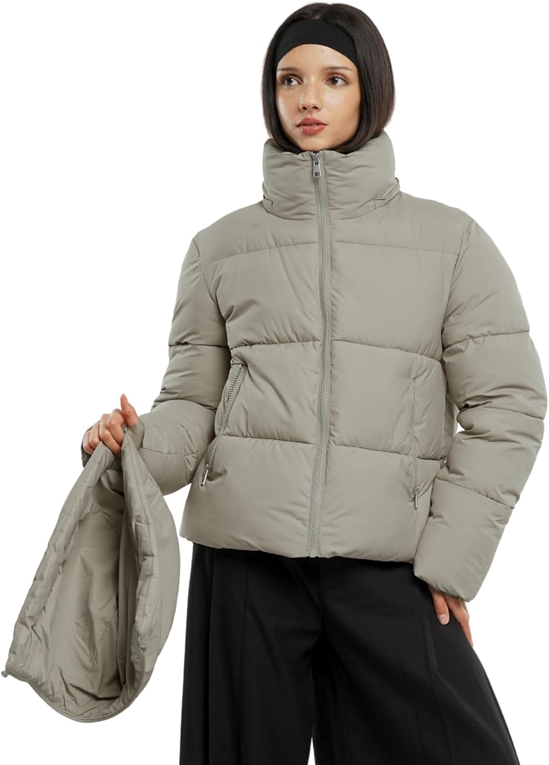Women's Cropped Quilted Puffer Jacket with Removable Hood and Zippered Pockets Short Winter Coat