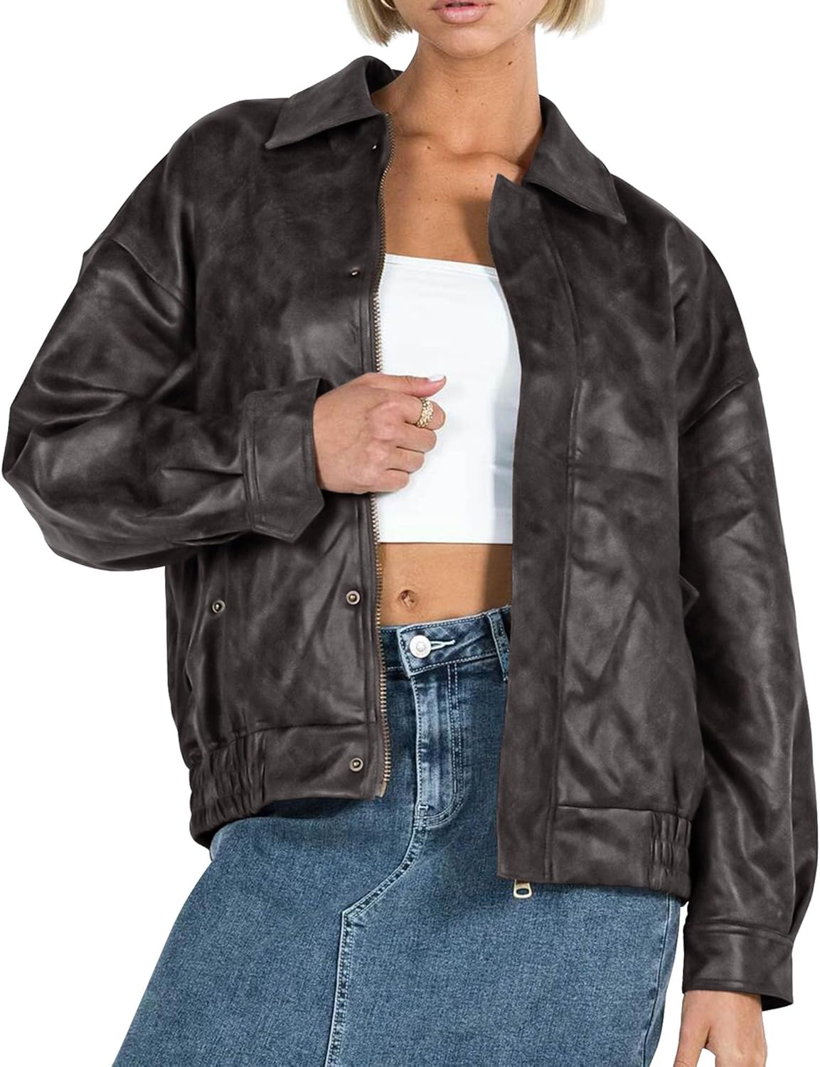 PRETTYGARDEN Women's Oversized Faux Leather Motorcycle Jacket Zip-Up Fall Spring Winter Coat Outerwear