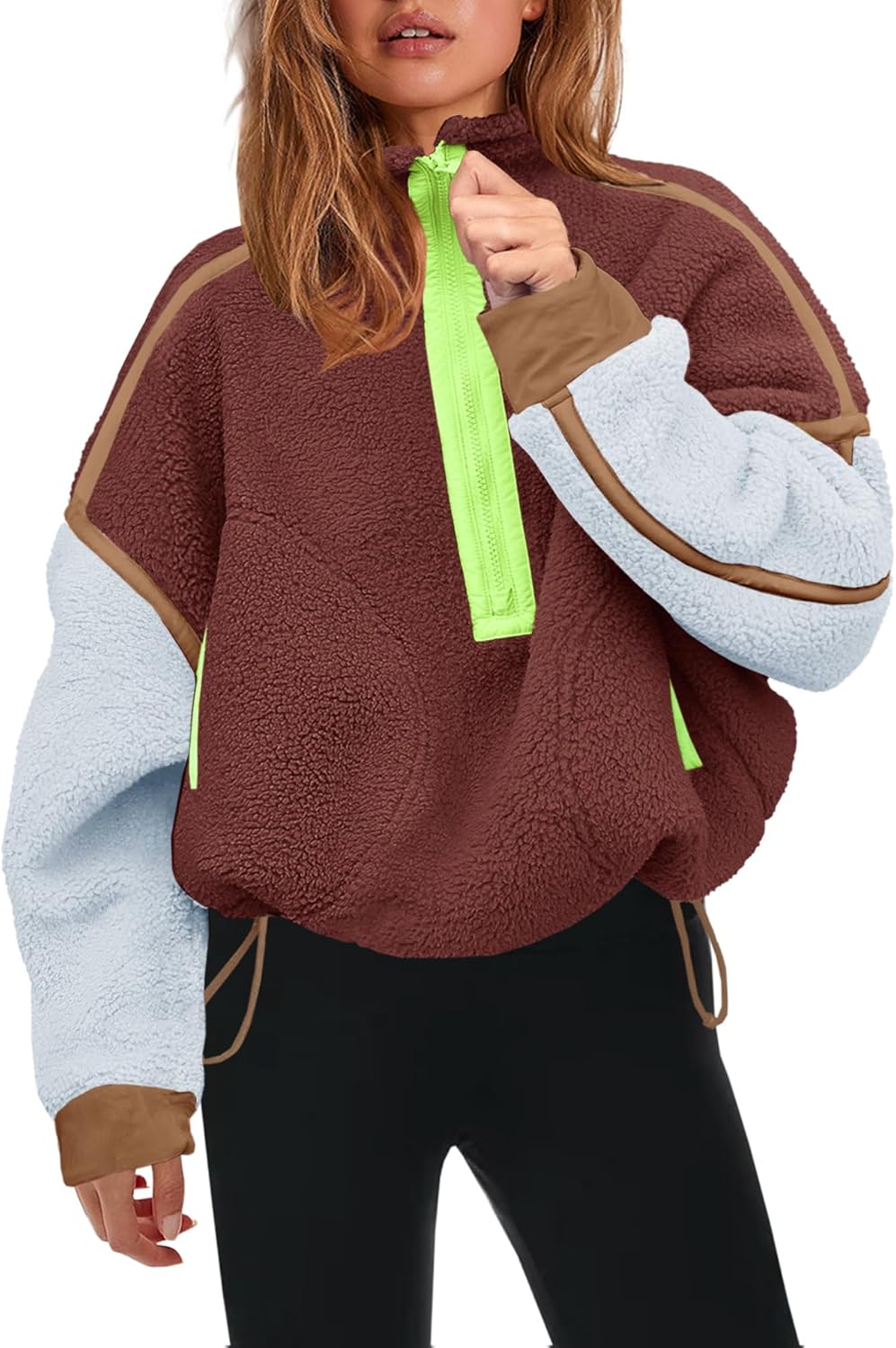Panadila Women's Oversized Half Zip Sherpa Fleece Pullover Soft Fuzzy Sweatshirt with Pockets