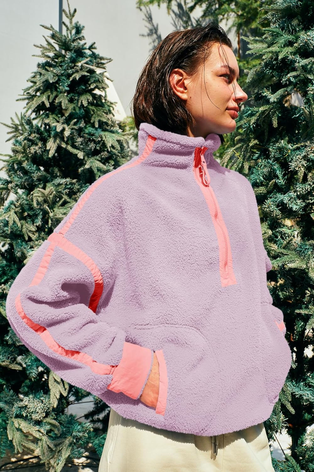 Panadila Women's Oversized Half Zip Sherpa Fleece Pullover Soft Fuzzy Sweatshirt with Pockets