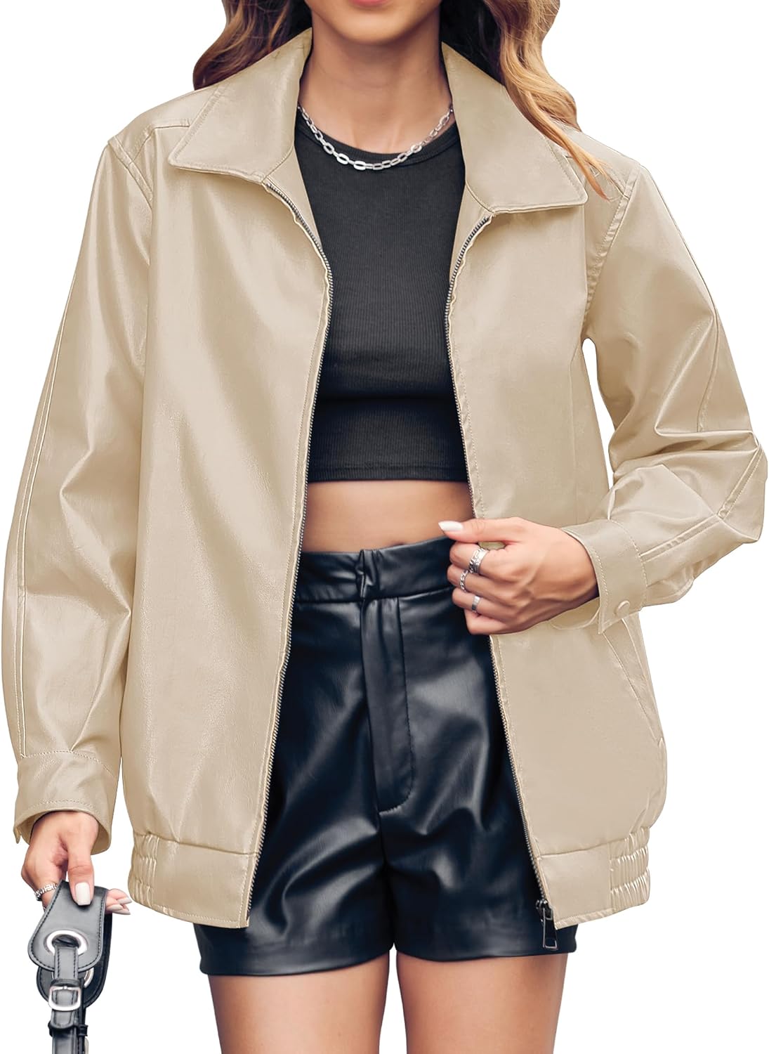 Miladusa Women's Oversized Faux Leather Zip-Up Bomber Motorcycle Jacket with Pockets
