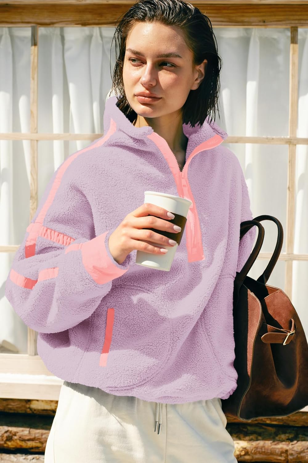 Panadila Women's Oversized Half Zip Sherpa Fleece Pullover Soft Fuzzy Sweatshirt with Pockets