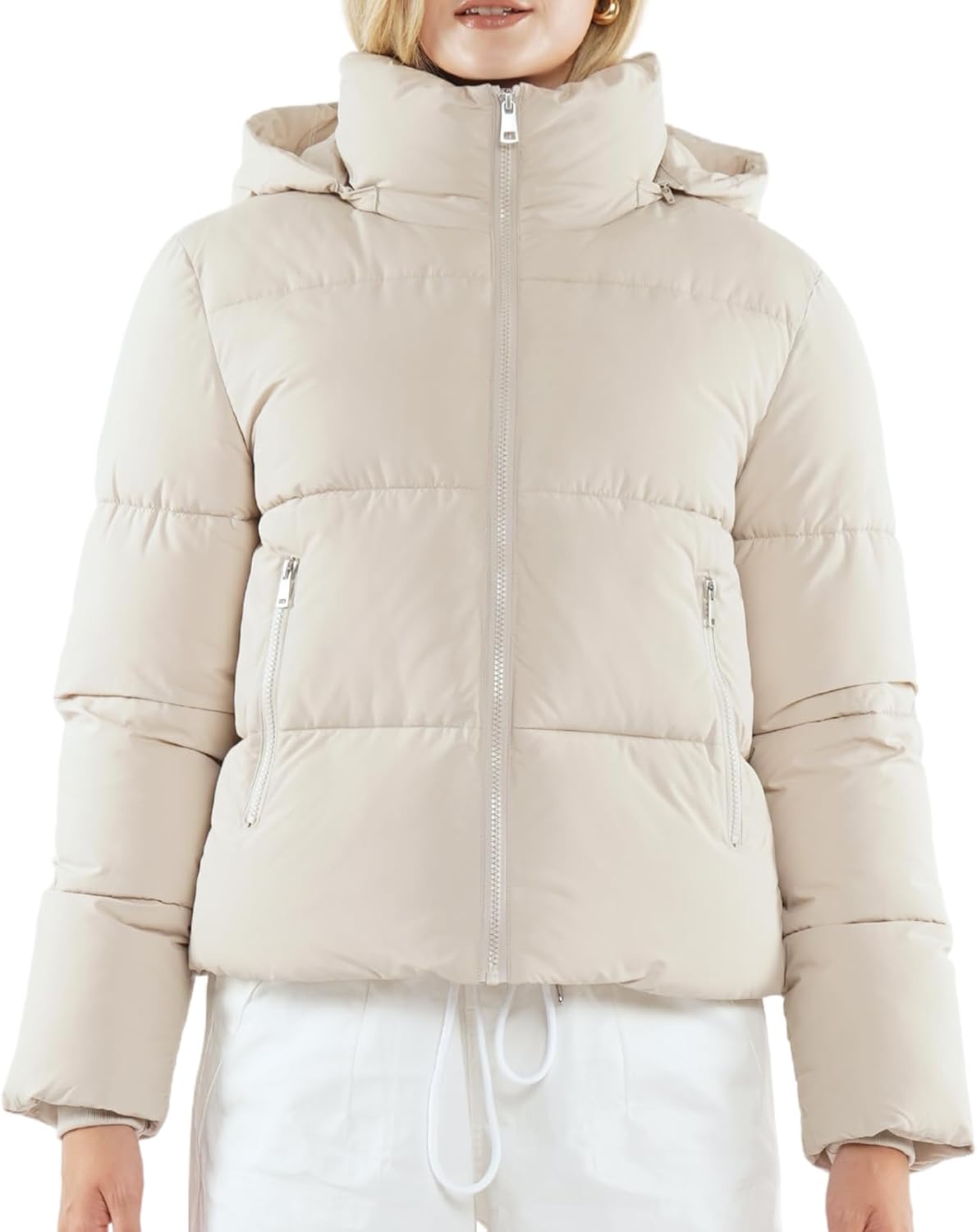 Women's Cropped Quilted Puffer Jacket with Removable Hood and Zippered Pockets Short Winter Coat