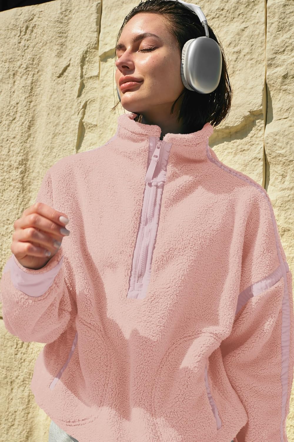 Panadila Women's Oversized Half Zip Sherpa Fleece Pullover Soft Fuzzy Sweatshirt with Pockets