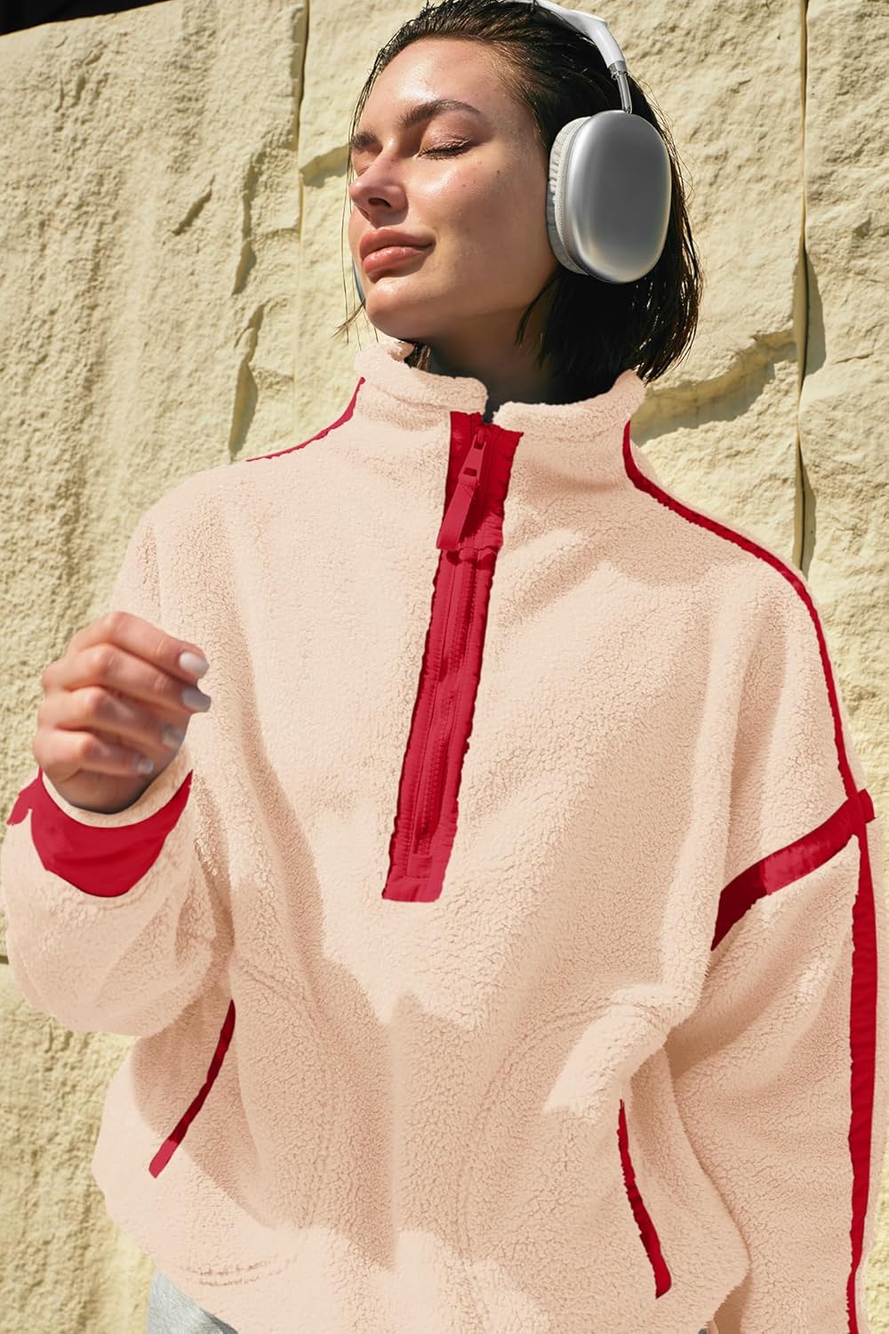 Panadila Women's Oversized Half Zip Sherpa Fleece Pullover Soft Fuzzy Sweatshirt with Pockets