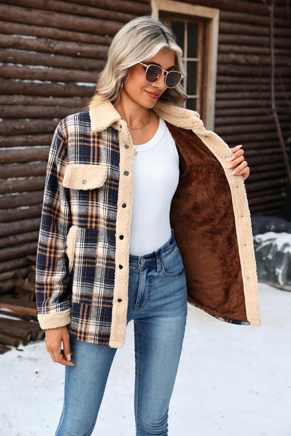 Zeagoo Women's Plaid Flannel Sherpa Lined Shacket Fleece Button Down Cozy Warm Fall Winter Jacket Coat S-XXL
