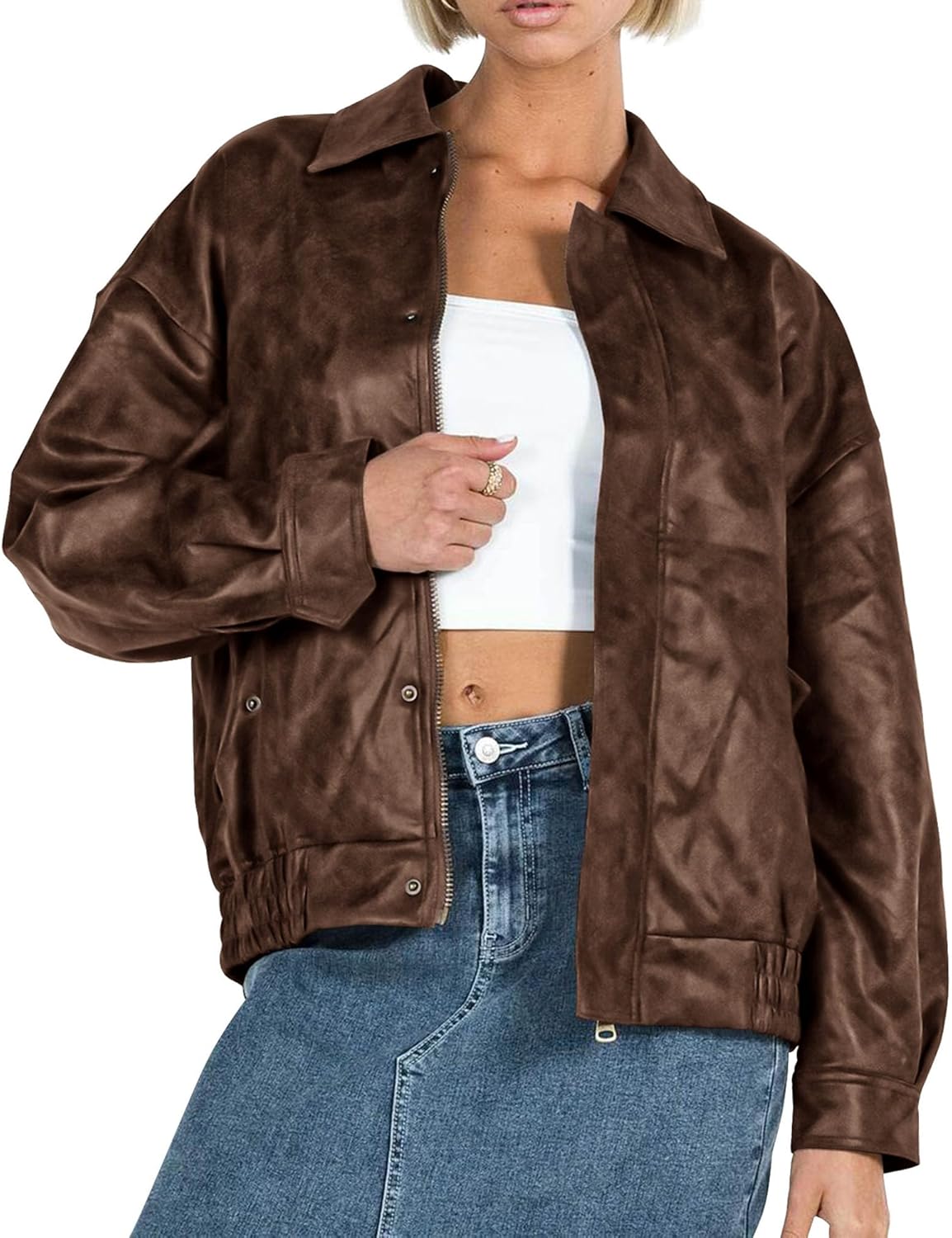 PRETTYGARDEN Women's Oversized Faux Leather Motorcycle Jacket Zip-Up Fall Spring Winter Coat Outerwear