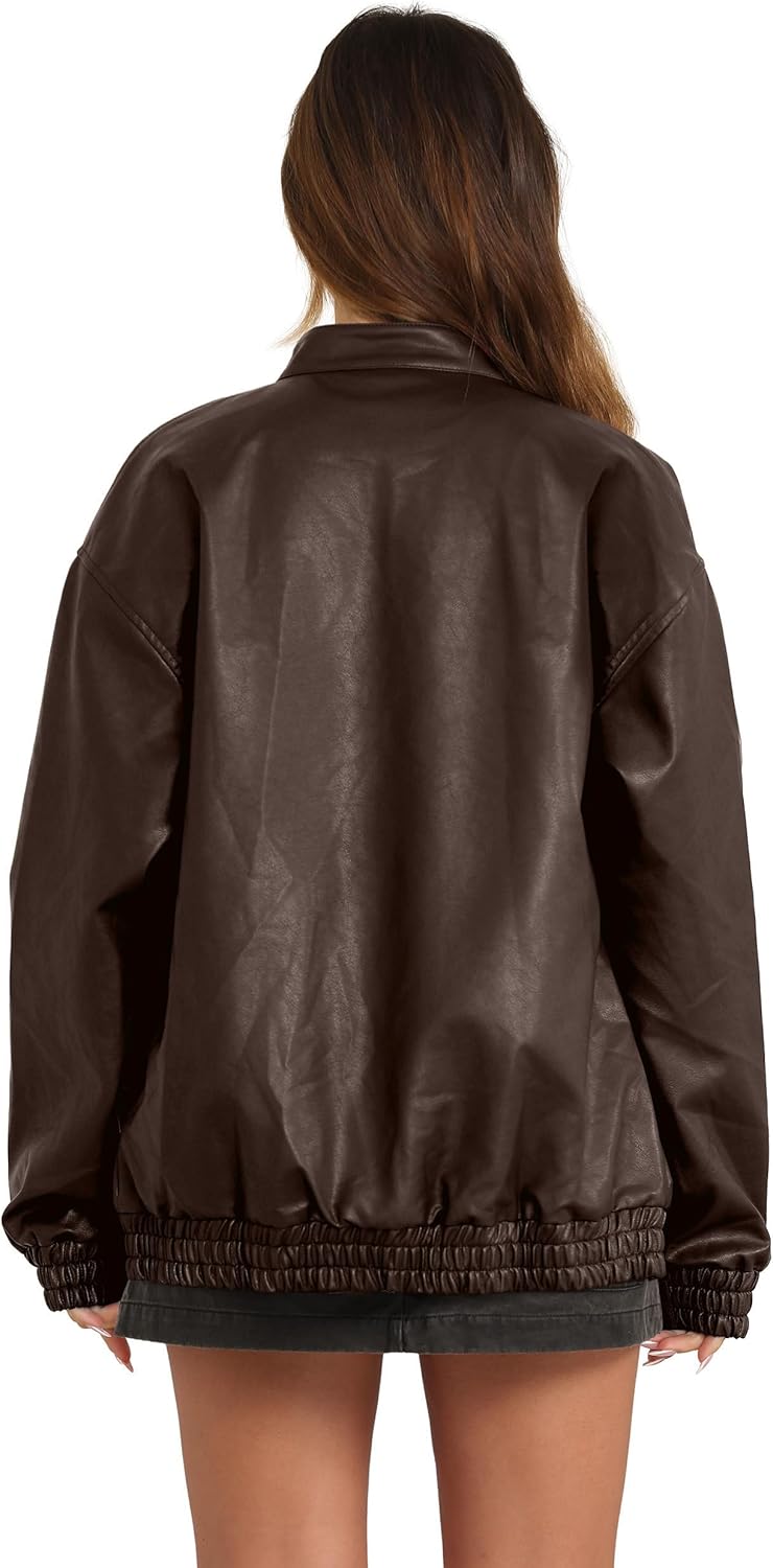 Sampeel Women's Faux Leather Oversized Motorcycle Jacket 2025 Fall Fashion Bomber Coat Winter Outfit