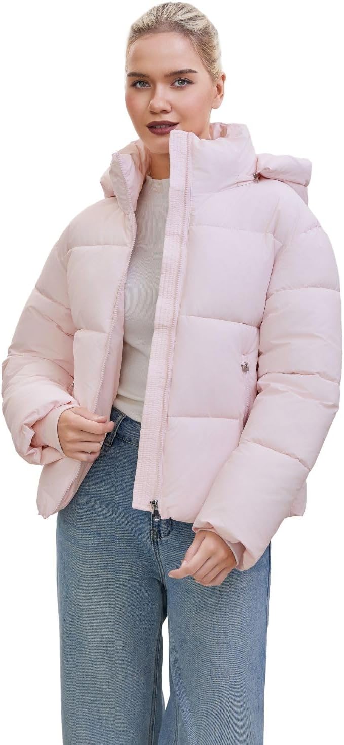 Women's Cropped Quilted Puffer Jacket with Removable Hood and Zippered Pockets Short Winter Coat
