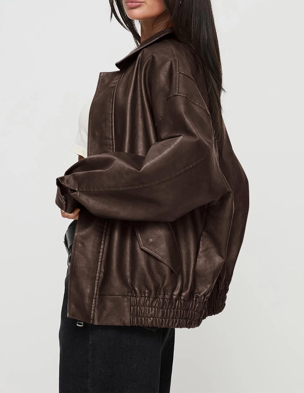 PRETTYGARDEN Women's Oversized Faux Leather Motorcycle Jacket Zip-Up Fall Spring Winter Coat Outerwear