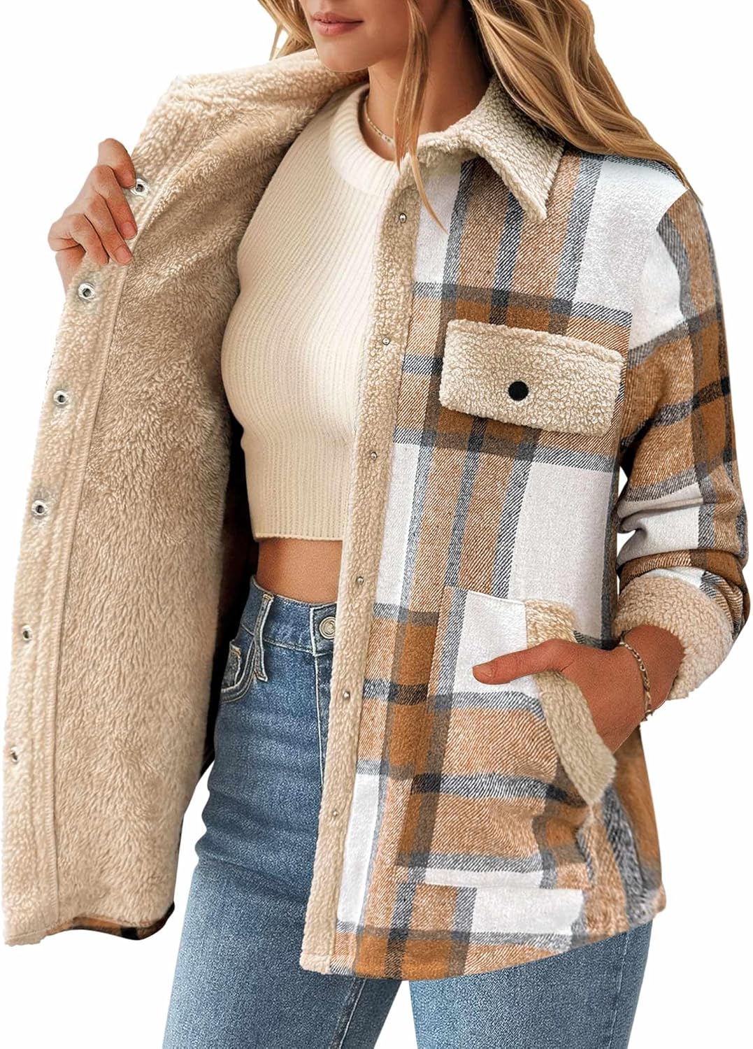 Zeagoo Women's Plaid Flannel Sherpa Lined Shacket Fleece Button Down Cozy Warm Fall Winter Jacket Coat S-XXL