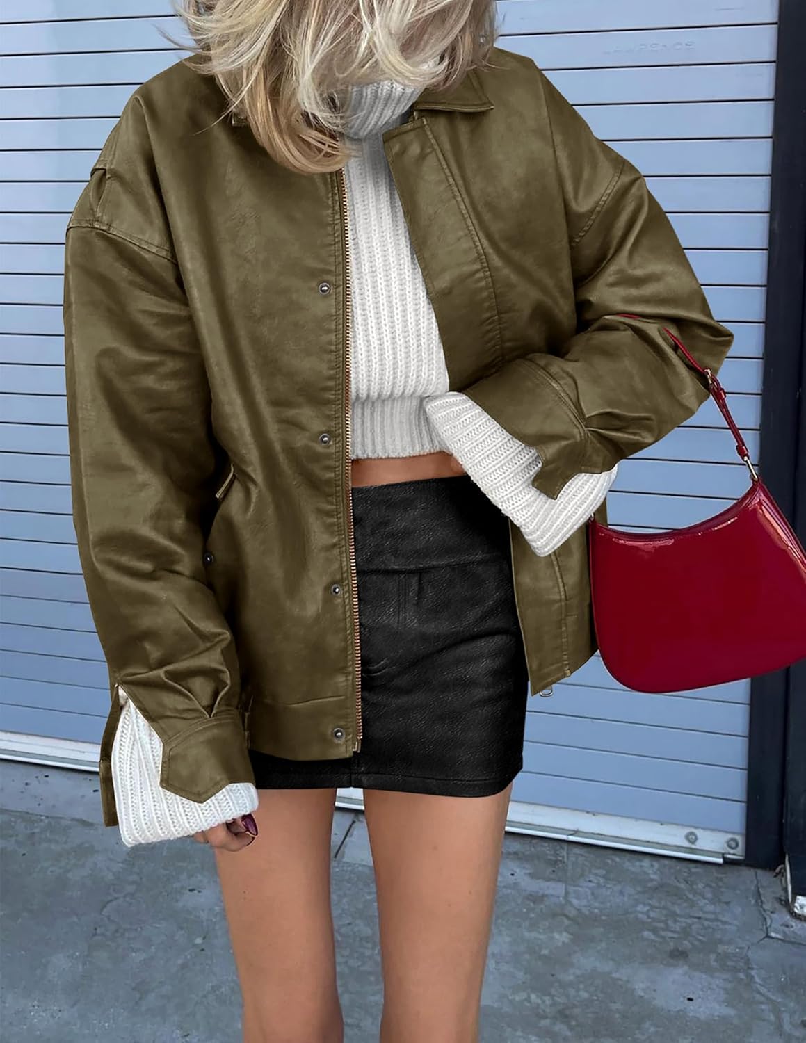 PRETTYGARDEN Women's Oversized Faux Leather Motorcycle Jacket Zip-Up Fall Spring Winter Coat Outerwear