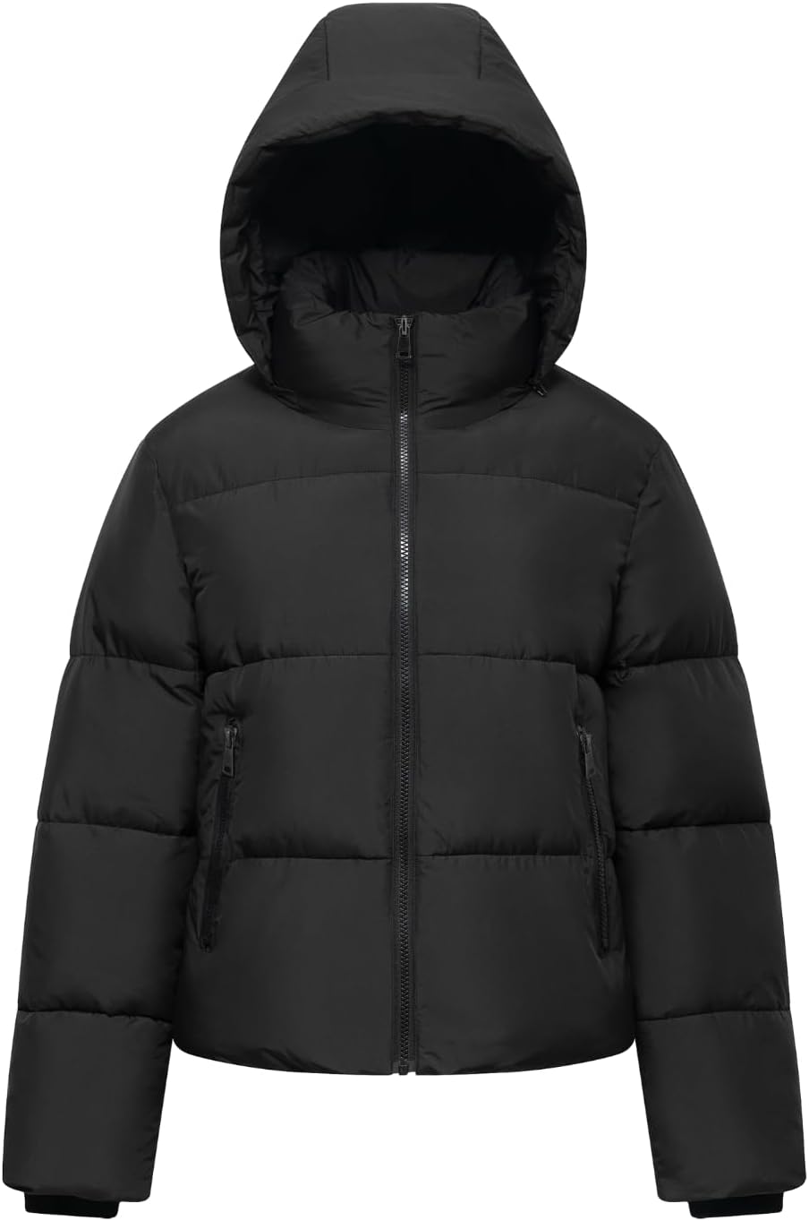 Women's Cropped Quilted Puffer Jacket with Removable Hood and Zippered Pockets Short Winter Coat