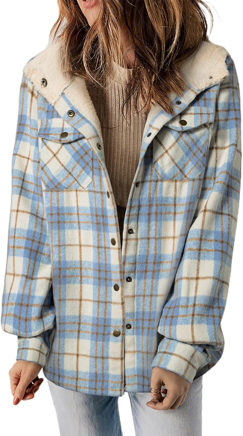 Dokotoo Women's Plaid Fleece Hooded Shacket Long Sleeve Button Down Warm Jacket Coat