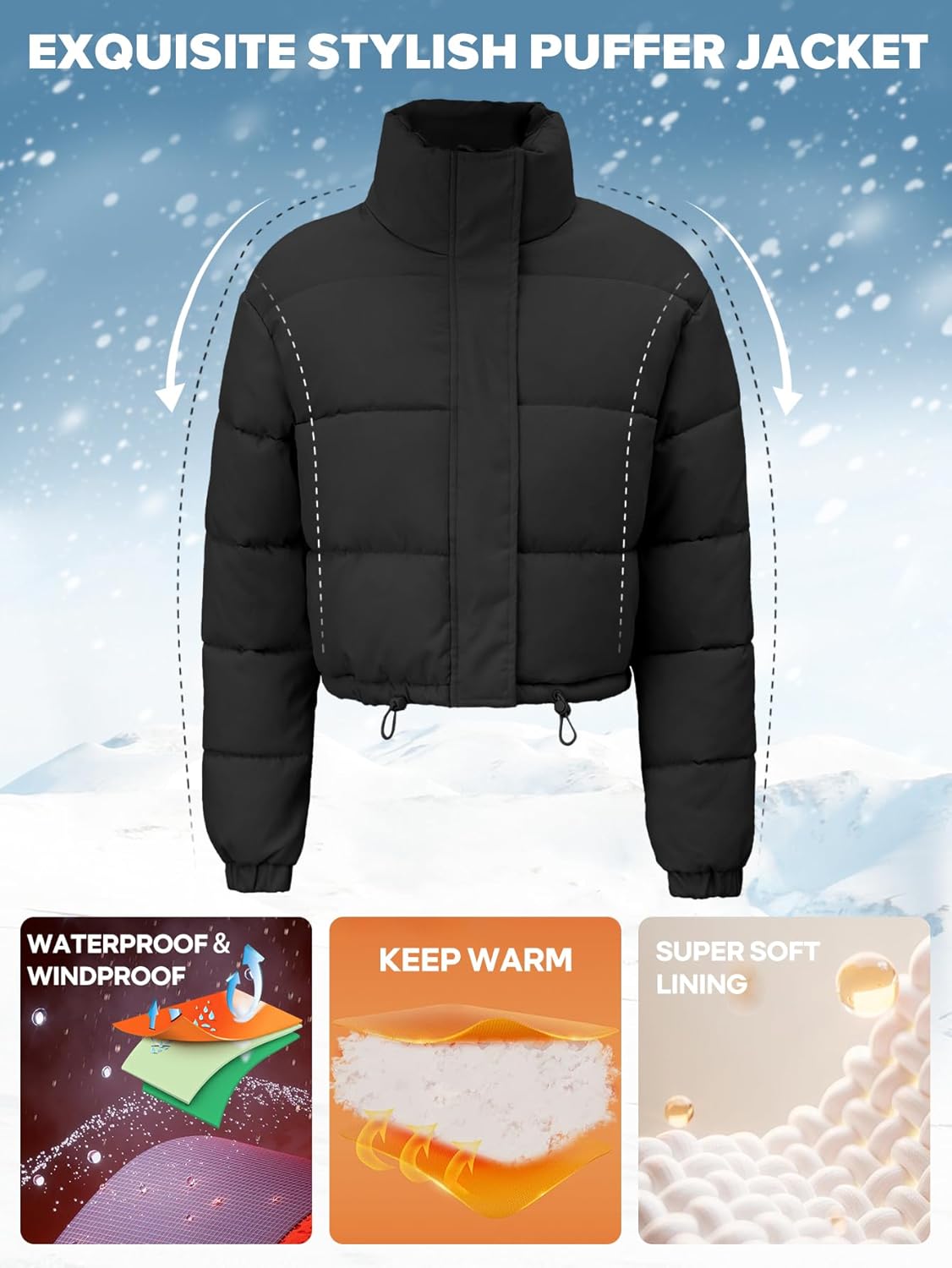 Women's Cropped Quilted Puffer Jacket Long Sleeve Stand Collar Zip-Up Puffy Coat with Drawstring & Pockets