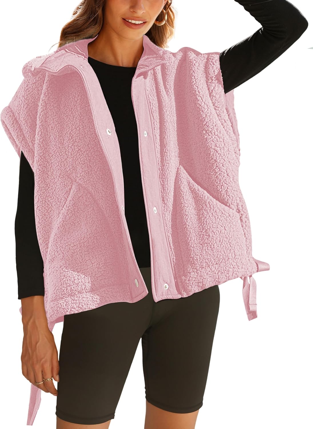 OPCAKM Women's Oversized Fuzzy Fleece Sherpa Vest Button Down Sleeveless Jacket with Pockets