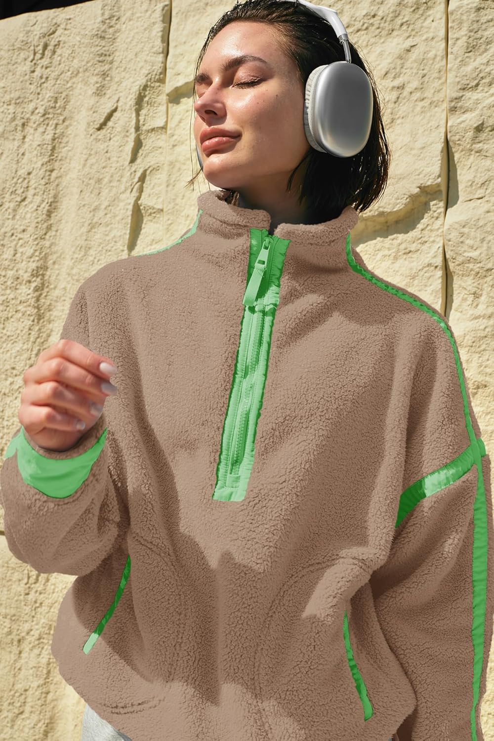 Panadila Women's Oversized Half Zip Sherpa Fleece Pullover Soft Fuzzy Sweatshirt with Pockets