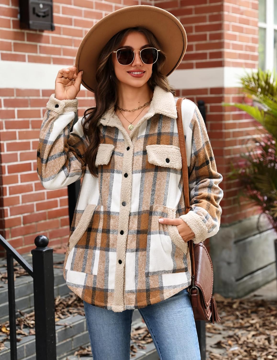 Zeagoo Women's Plaid Flannel Sherpa Lined Shacket Fleece Button Down Cozy Warm Fall Winter Jacket Coat S-XXL