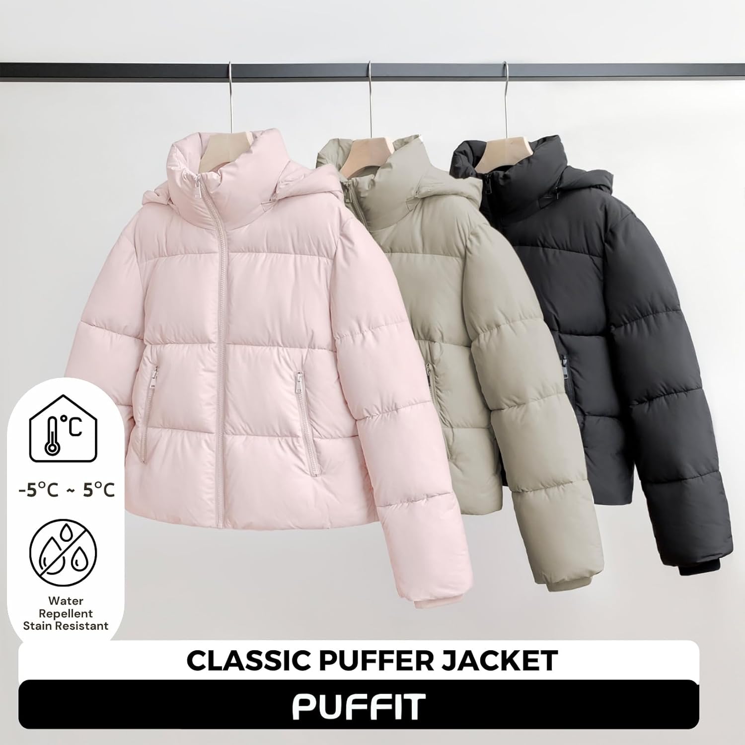 Women's Cropped Quilted Puffer Jacket with Removable Hood and Zippered Pockets Short Winter Coat