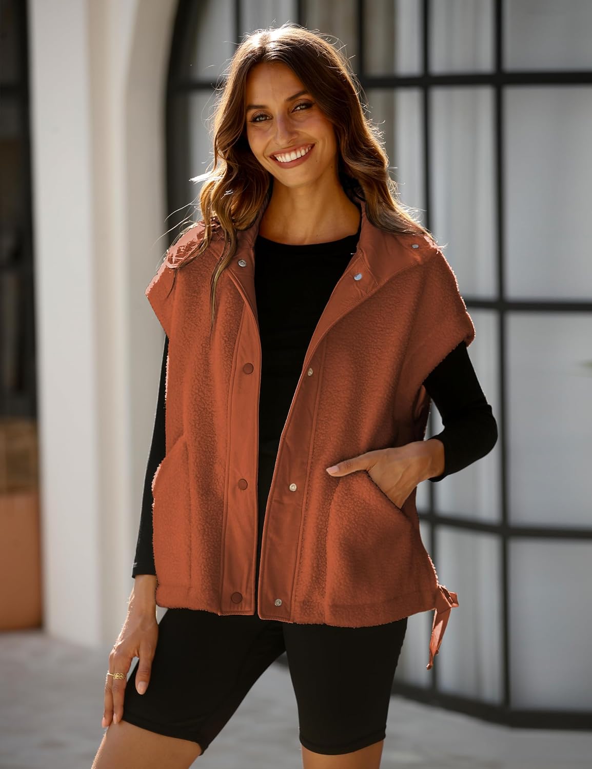 OPCAKM Women's Oversized Fuzzy Fleece Sherpa Vest Button Down Sleeveless Jacket with Pockets