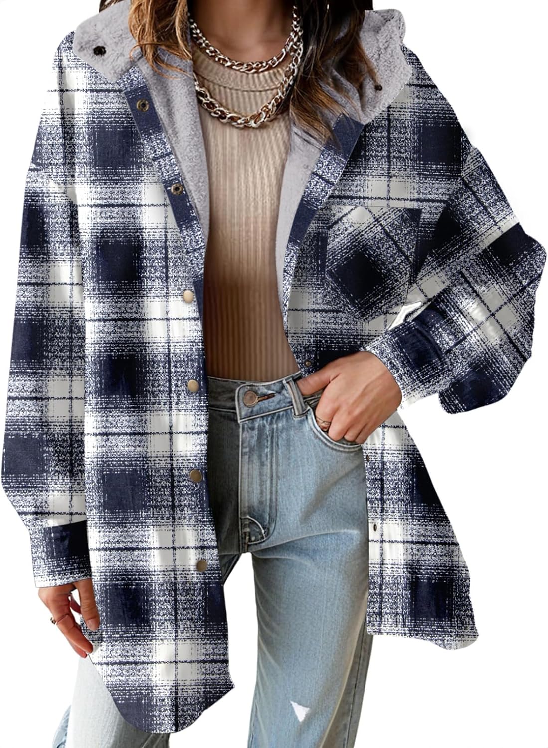 Dokotoo Women's 2025 Flannel Plaid Hooded Shacket Thick Fleece Button Down Winter Jacket Coat for Warmth