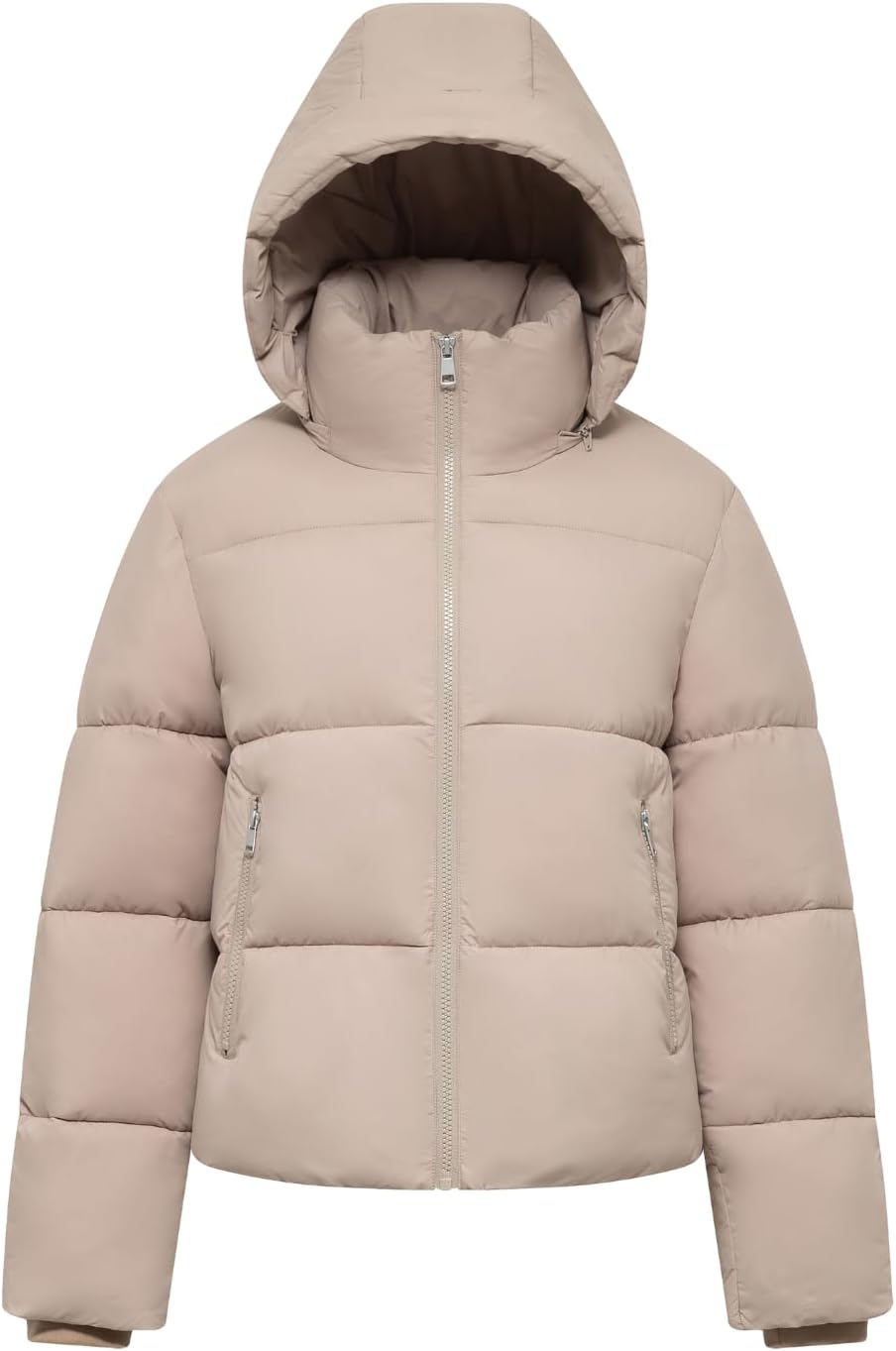 Women's Cropped Quilted Puffer Jacket with Removable Hood and Zippered Pockets Short Winter Coat