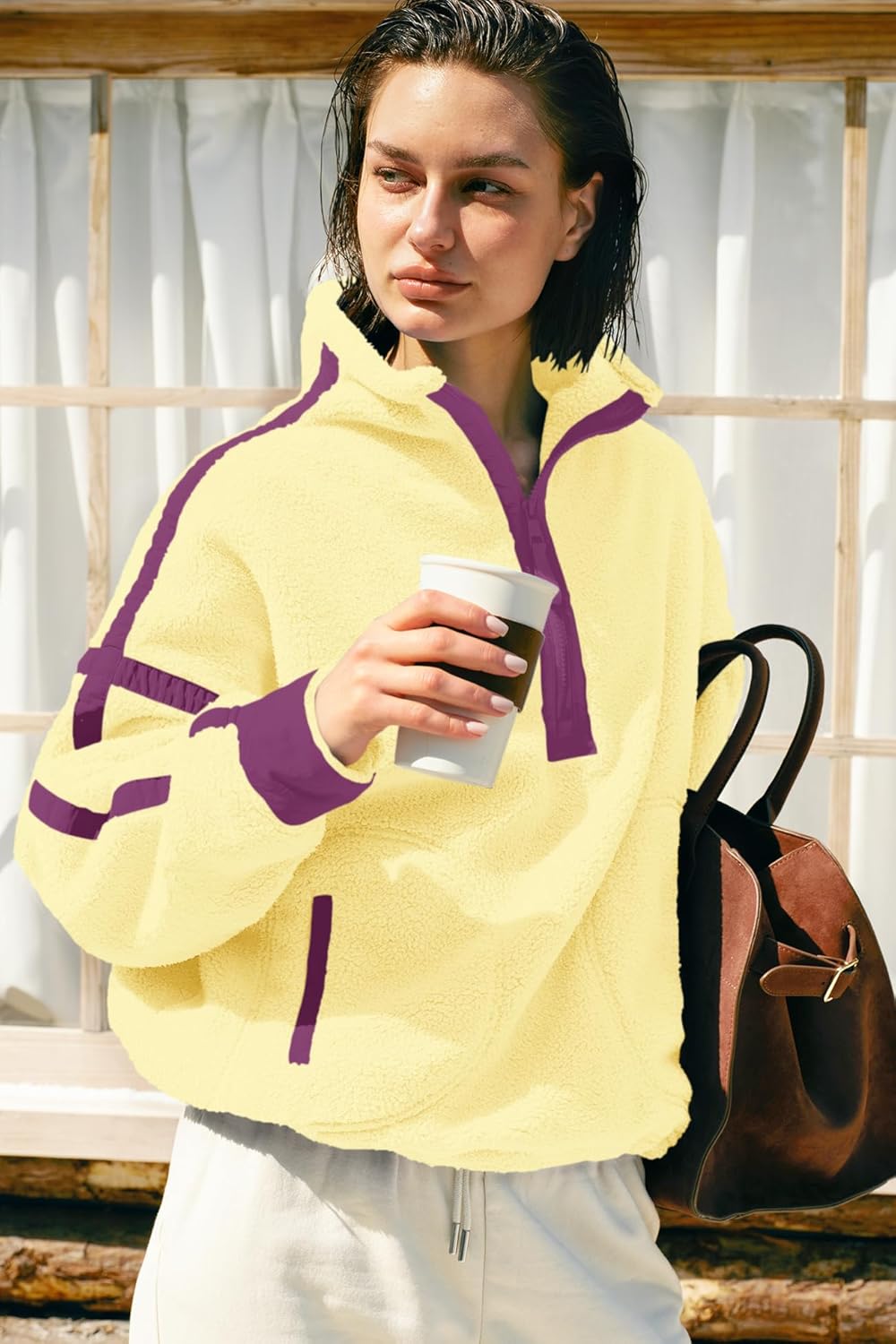 Panadila Women's Oversized Half Zip Sherpa Fleece Pullover Soft Fuzzy Sweatshirt with Pockets