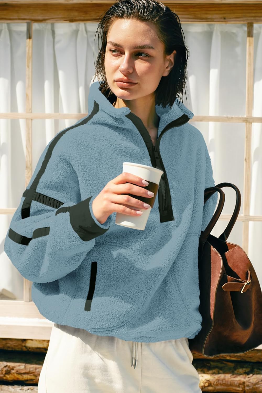 Panadila Women's Oversized Half Zip Sherpa Fleece Pullover Soft Fuzzy Sweatshirt with Pockets