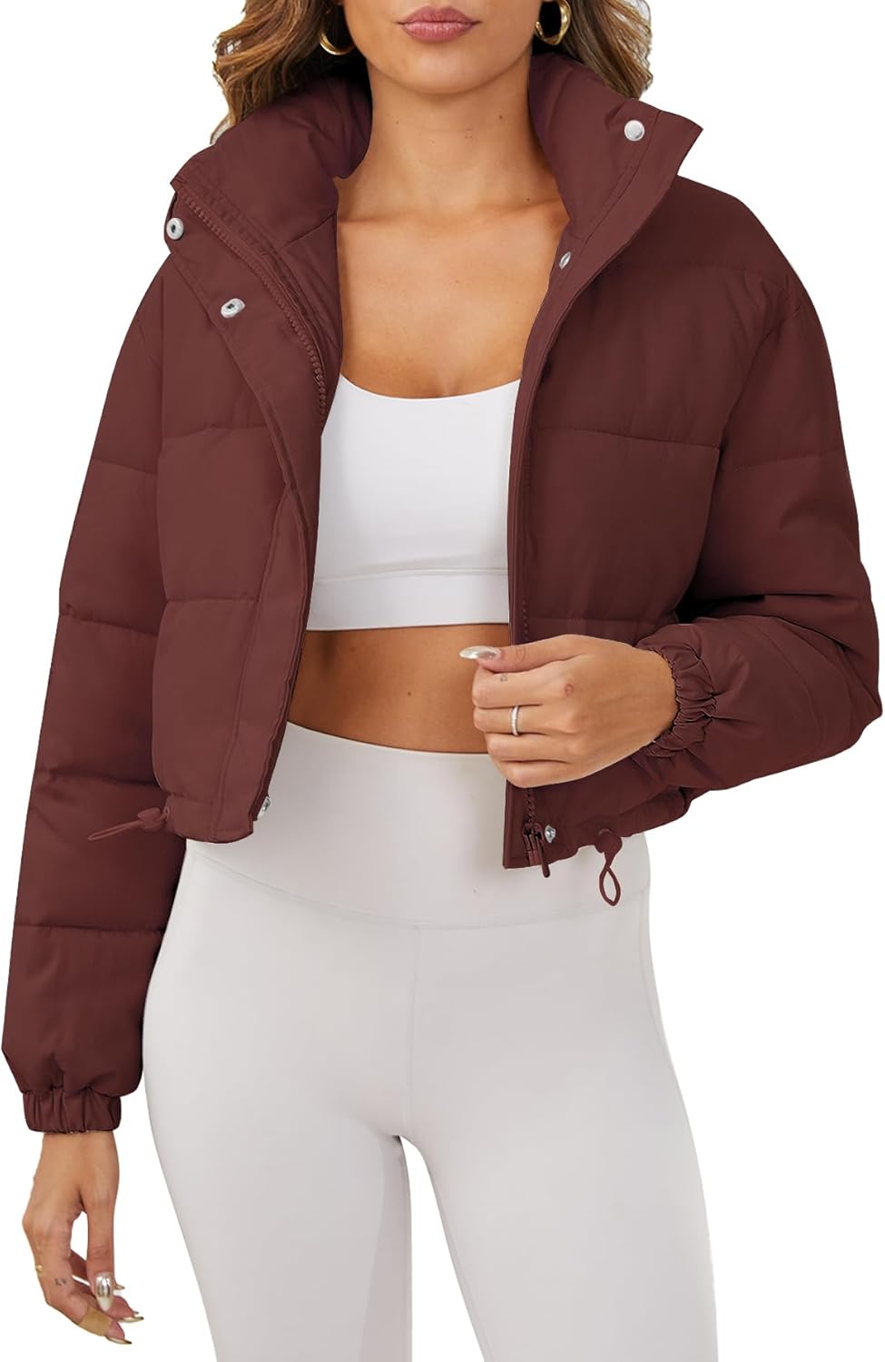Women's Cropped Quilted Puffer Jacket Long Sleeve Stand Collar Zip-Up Puffy Coat with Drawstring & Pockets