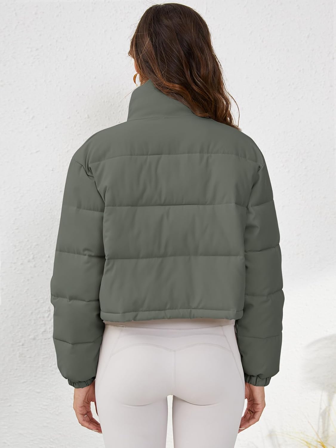 Women's Cropped Quilted Puffer Jacket Long Sleeve Stand Collar Zip-Up Puffy Coat with Drawstring & Pockets
